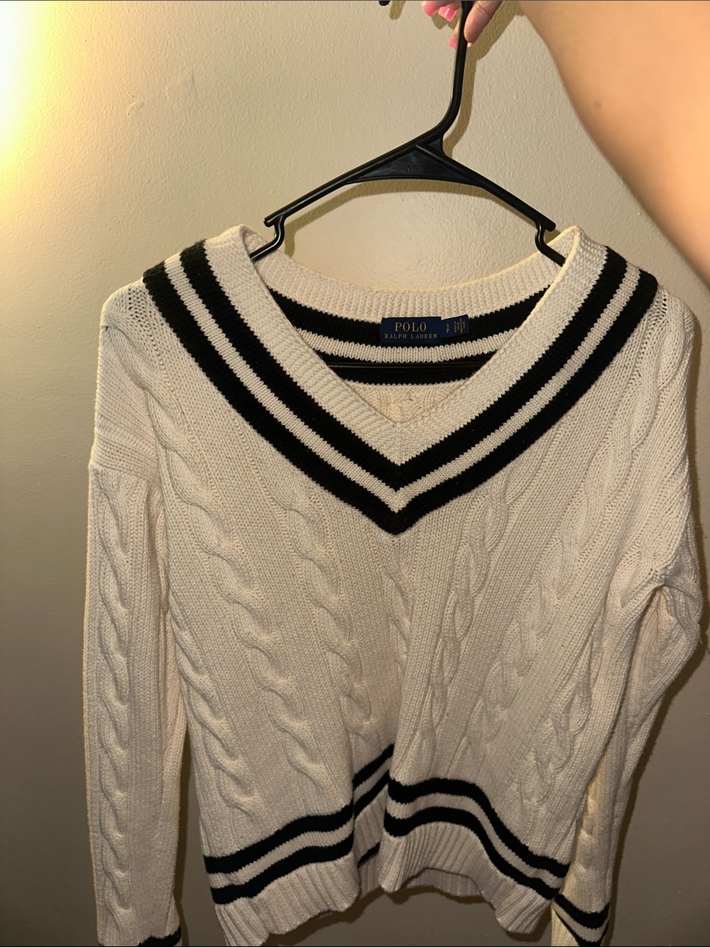 Polo by Ralph Lauren Cream Cable V-Neck Sweater with Black Stripes